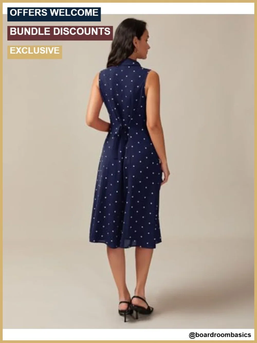Women's Polka Dot Wrap Midi Dress Sleeveless V-Neck Work Shirt Dress with Belt